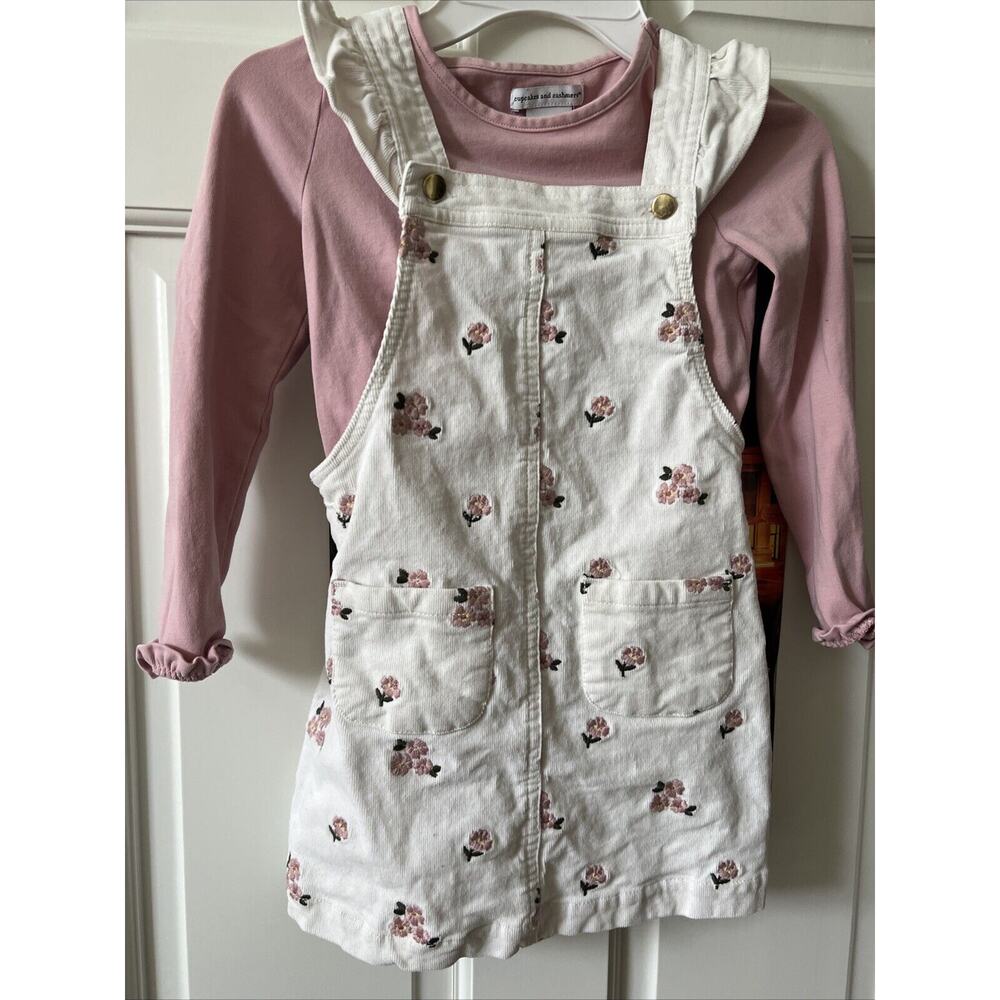 Girl Size 4 Soft Corduroy Jumper Set Cream With Embroidered Pink Flowers